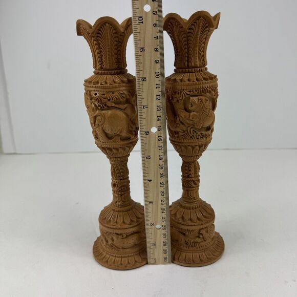 Pair Hand Carved Wooden Flower Vintage Vase Elephant Lion Home Garden Decor Art - Picture 8 of 10